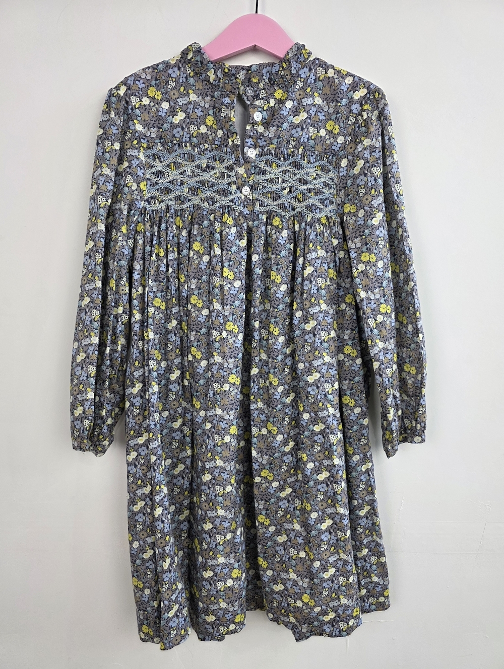 Bonpoint Floral Smocked Dress in Blue and Yellow, Size 10